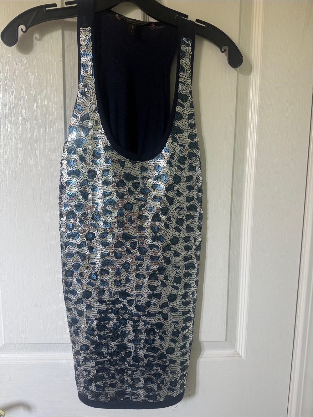 Sequined Navy Racerback Tank Top with Silver Accents